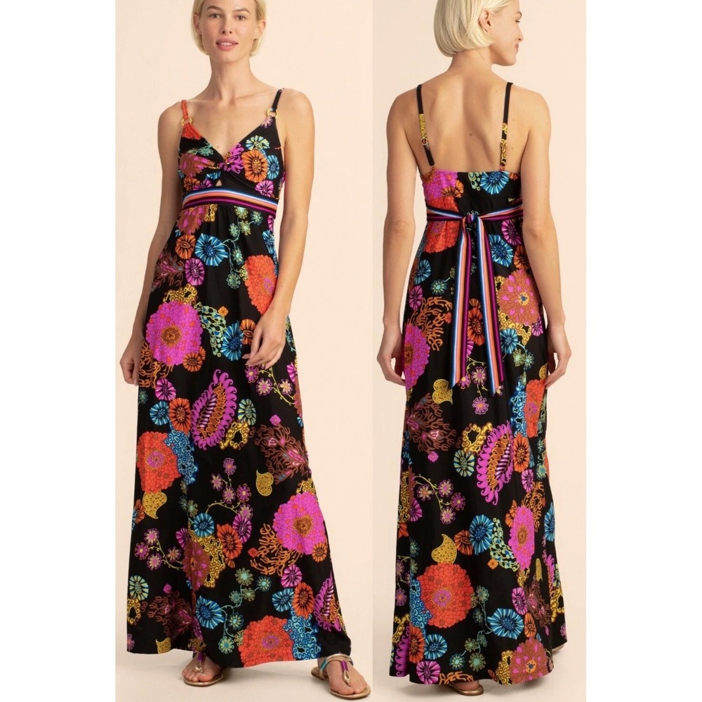Trina Turk Floral Maxi Dress Cover up Black Electric Reef Empire Waist NEW M